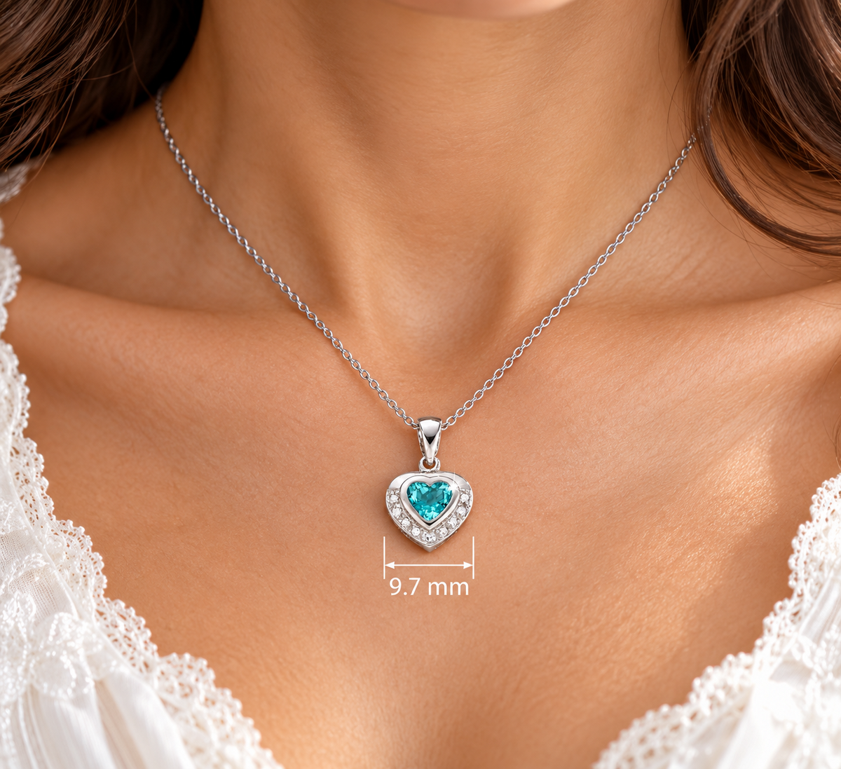 White Gold Heart Pendant With Natural Blue Topaz and Diamond 18" Chain
