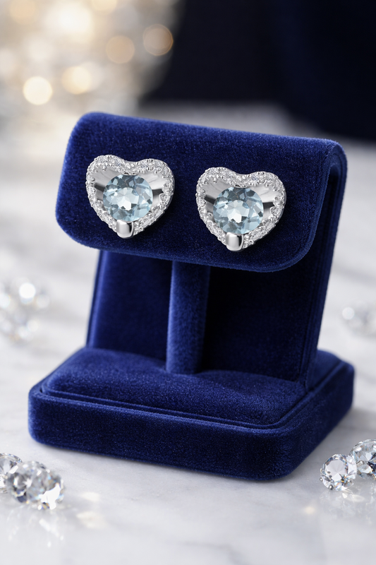 Sky Blue Topaz and Diamond Heart Earrings Solid 9ct White Gold Hallmarked