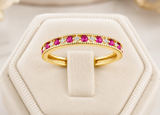 9ct Yellow Gold Ruby Eternity Anniversary Ring – Millgrain Heart Edge - Hallmark