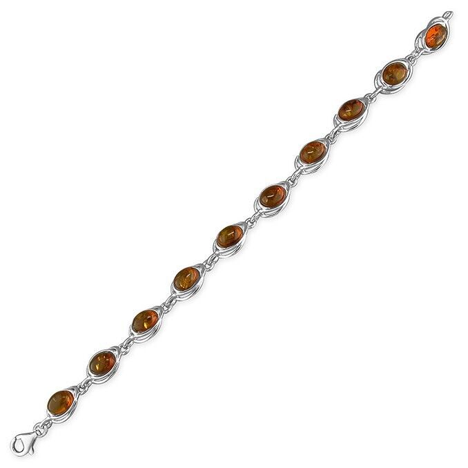 Cognac Amber Ovals Bracelet Solid Sterling Silver 925 18cm