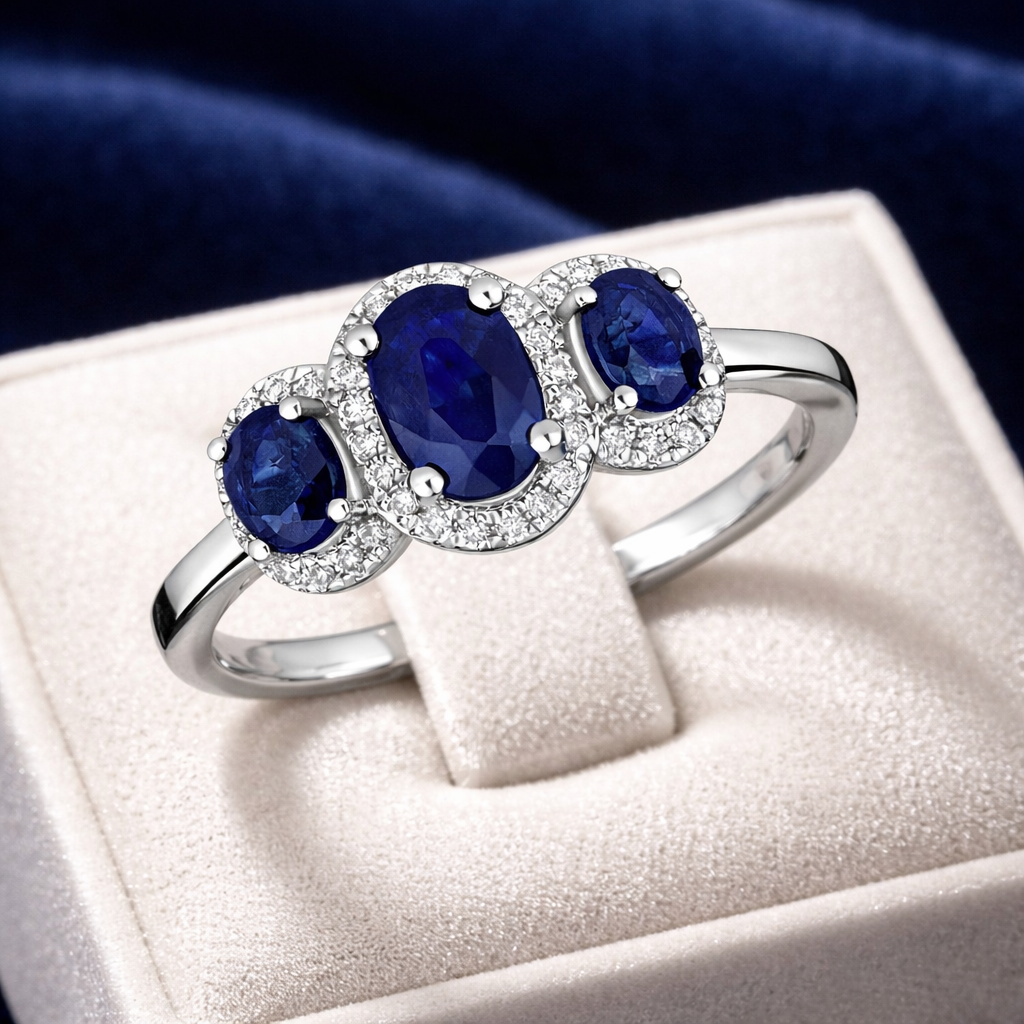 Sapphire and Diamond Ring 9ct White Gold Oval Three Stone Trilogy Size J-Q