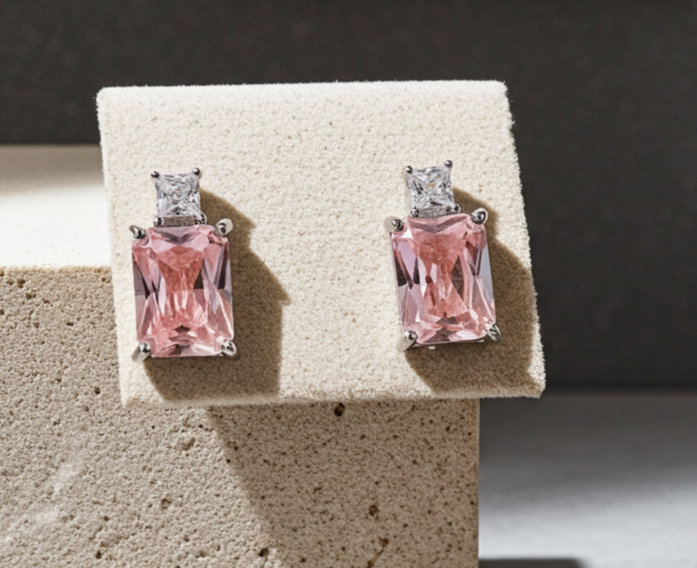 Pink Zircon Stud Earrings Solid Sterling Silver 925 Hallmark Rhodium Finish