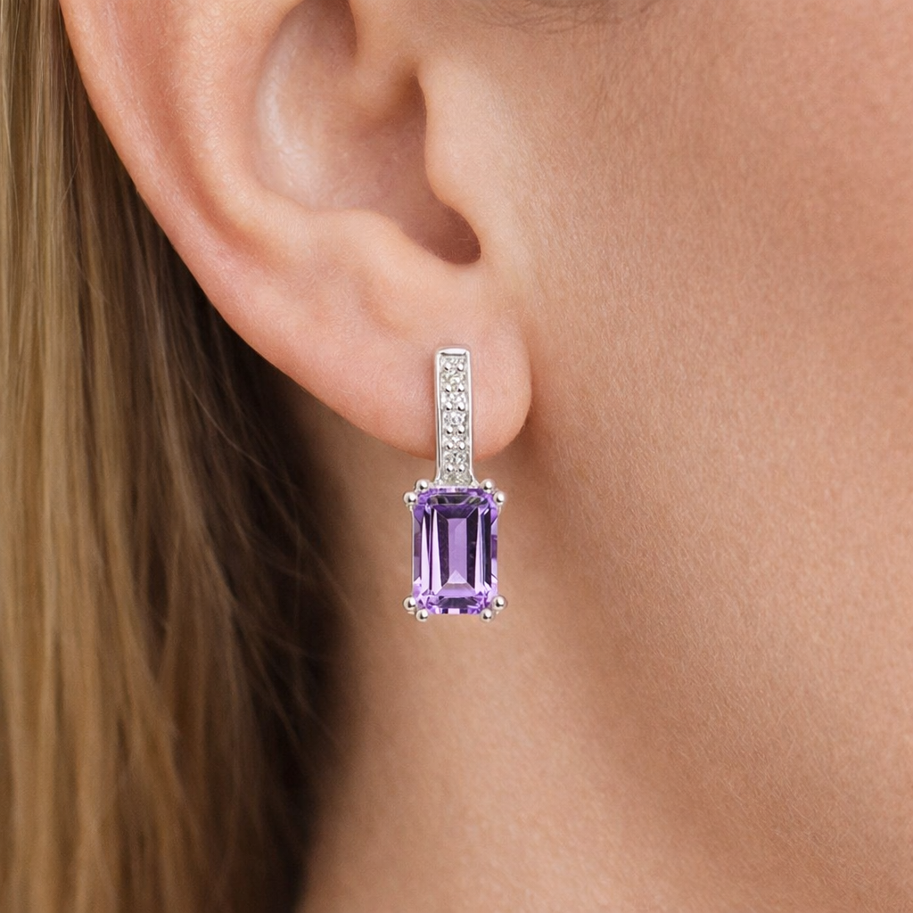 Natural Amethyst and Diamond Earrings Solid 9ct White Gold Drops Hallmarked