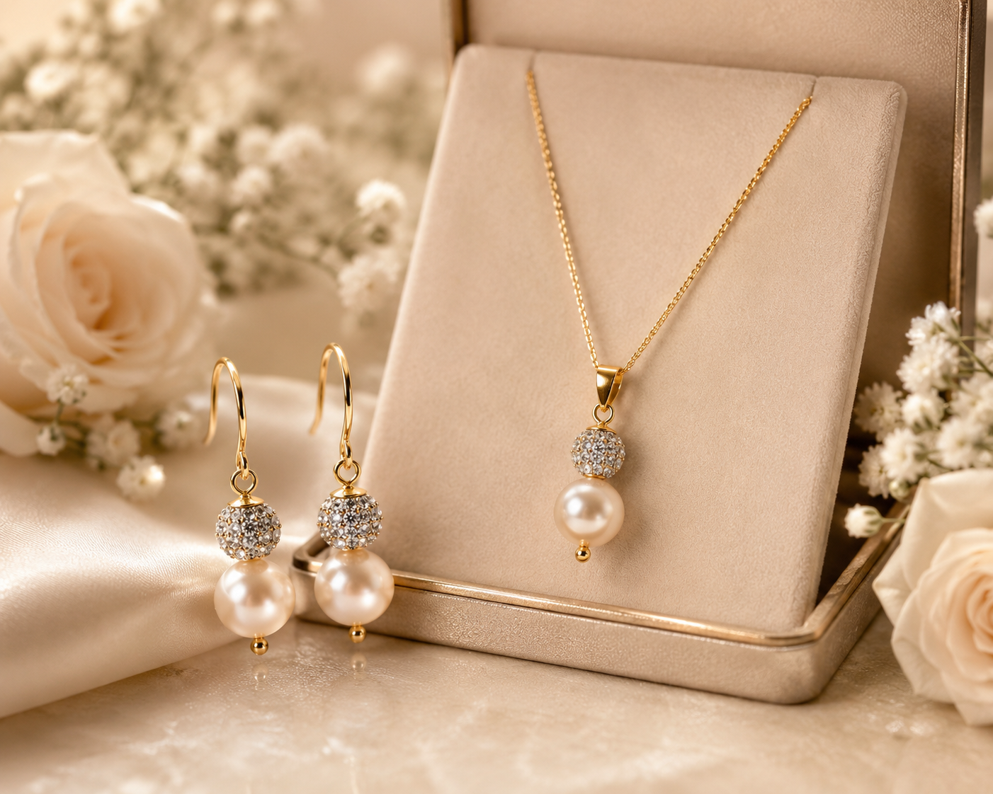 Elegant Pearl & Crystal Jewelry Set Yellow Gold Necklace & Matching Drop Earring