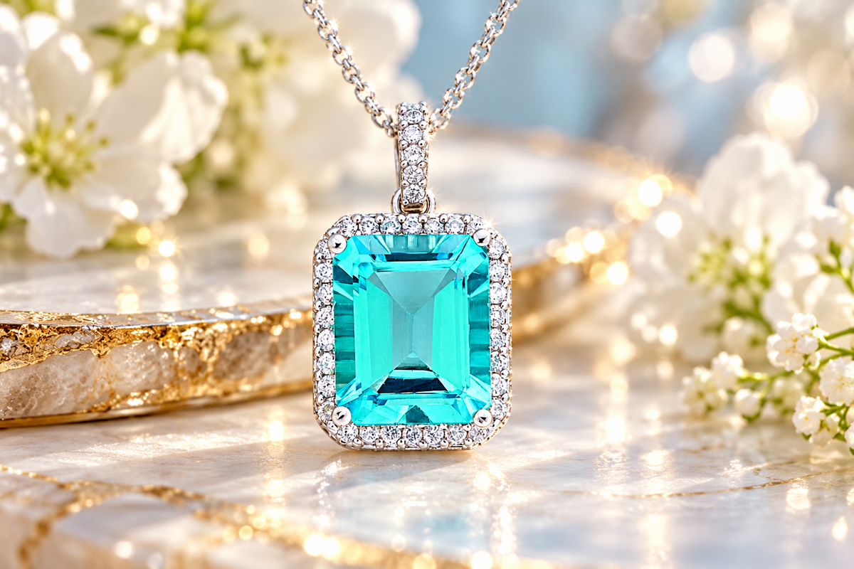 Emerald-Cut Blue Topaz Pendant with Sparkling Diamond Halo 9ct White Gold 18"