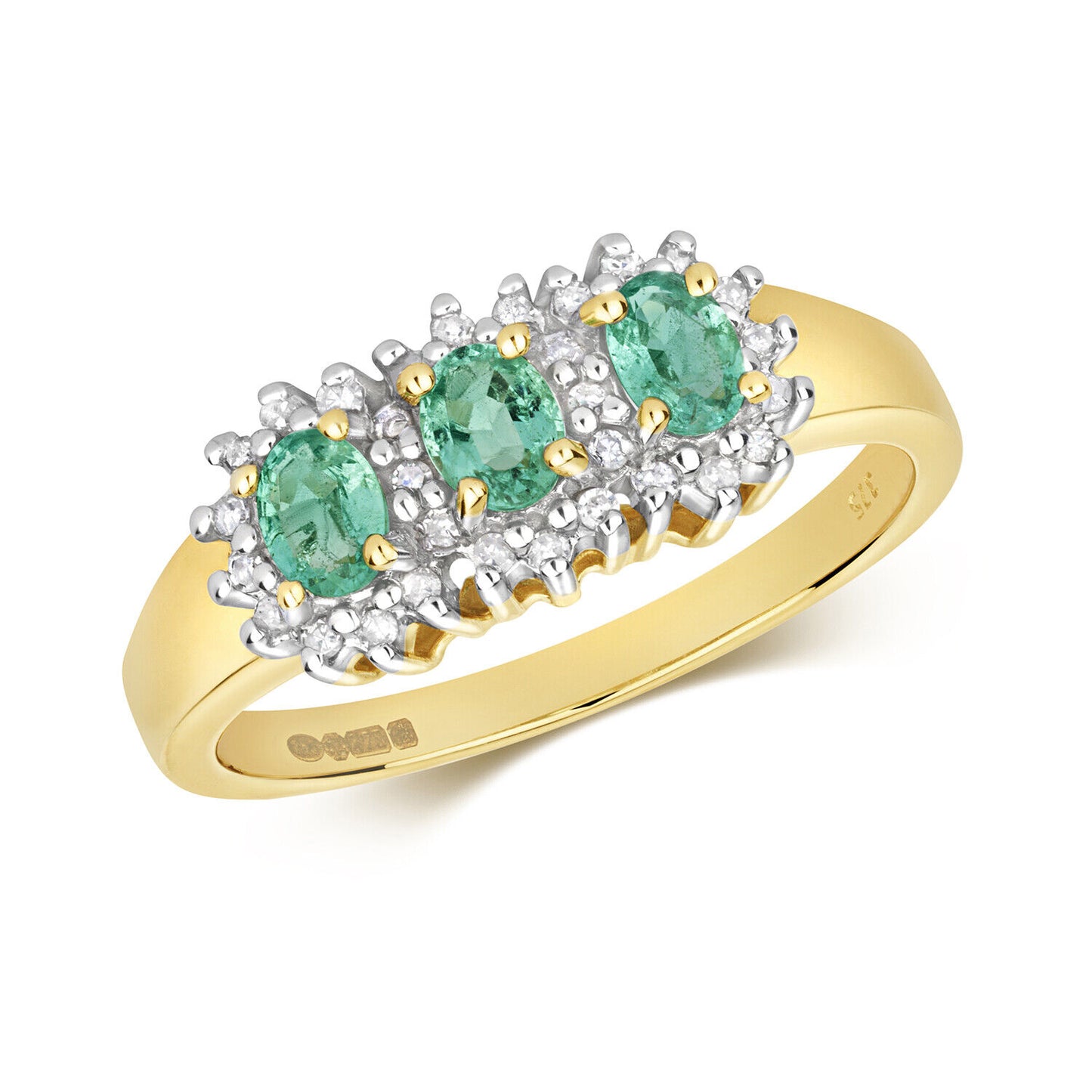 9ct Yellow Gold Real Emerald and Diamond Ring Three Stone Cluster Engagement
