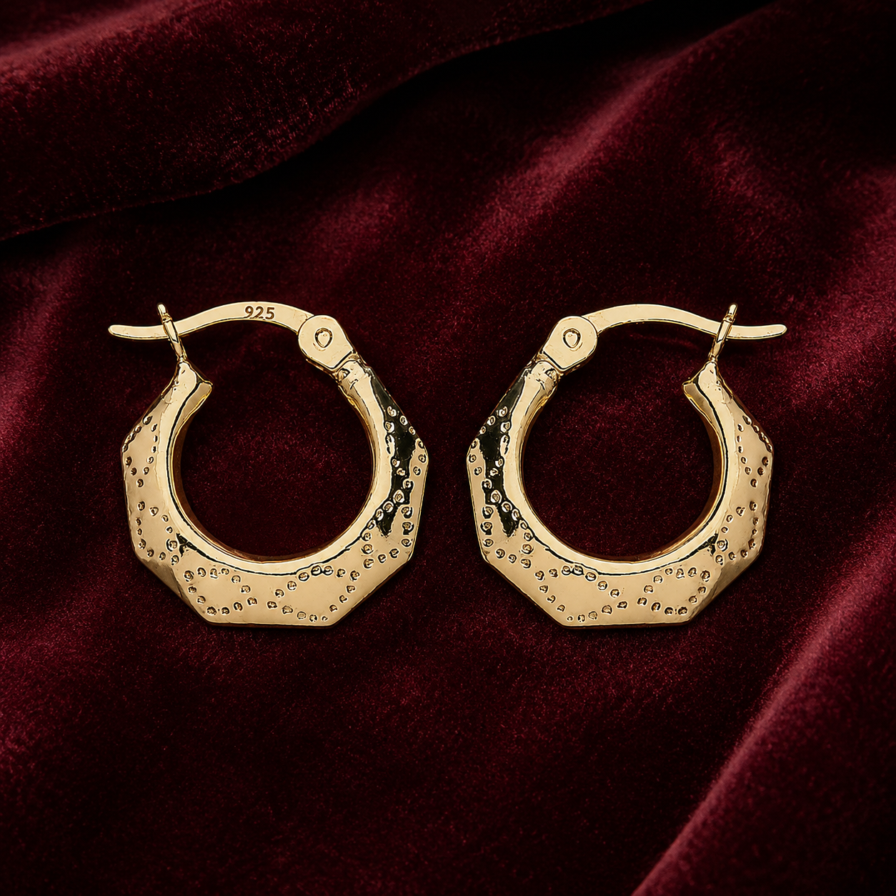 18ct Gold Hexagon Creole Hoop Earrings on Sterling Silver 925 15mm Diameter