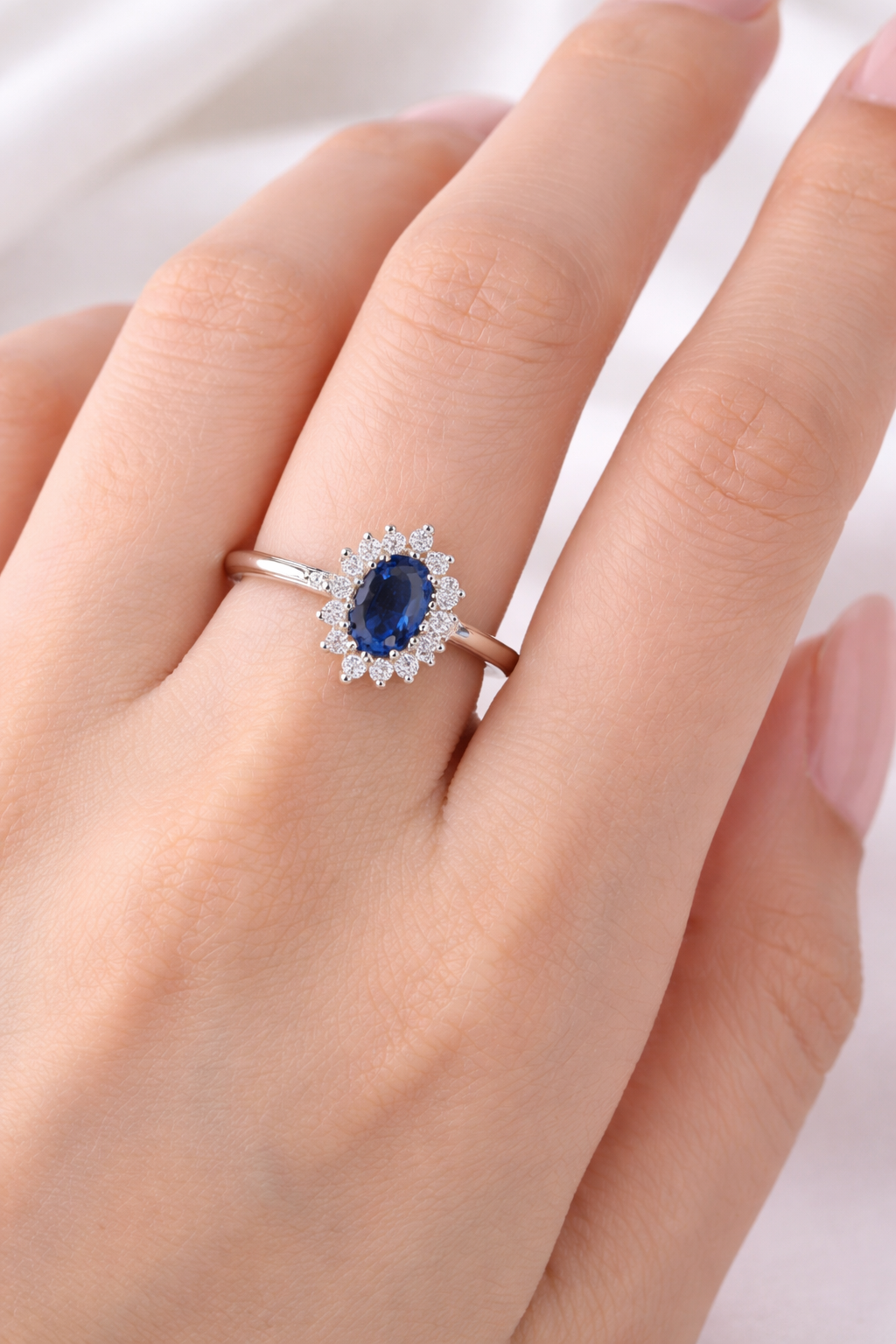 Real Sapphire and Diamond Ring 9ct White Gold Oval Cluster Size J K L M N O P Q
