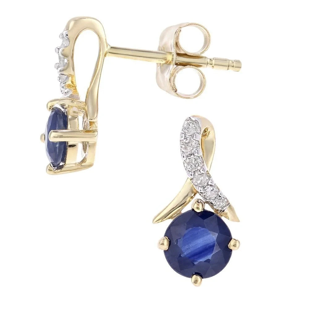 Natural Sapphire and Diamond Earrings Solid 9ct Yellow Gold Drops Hallmarked