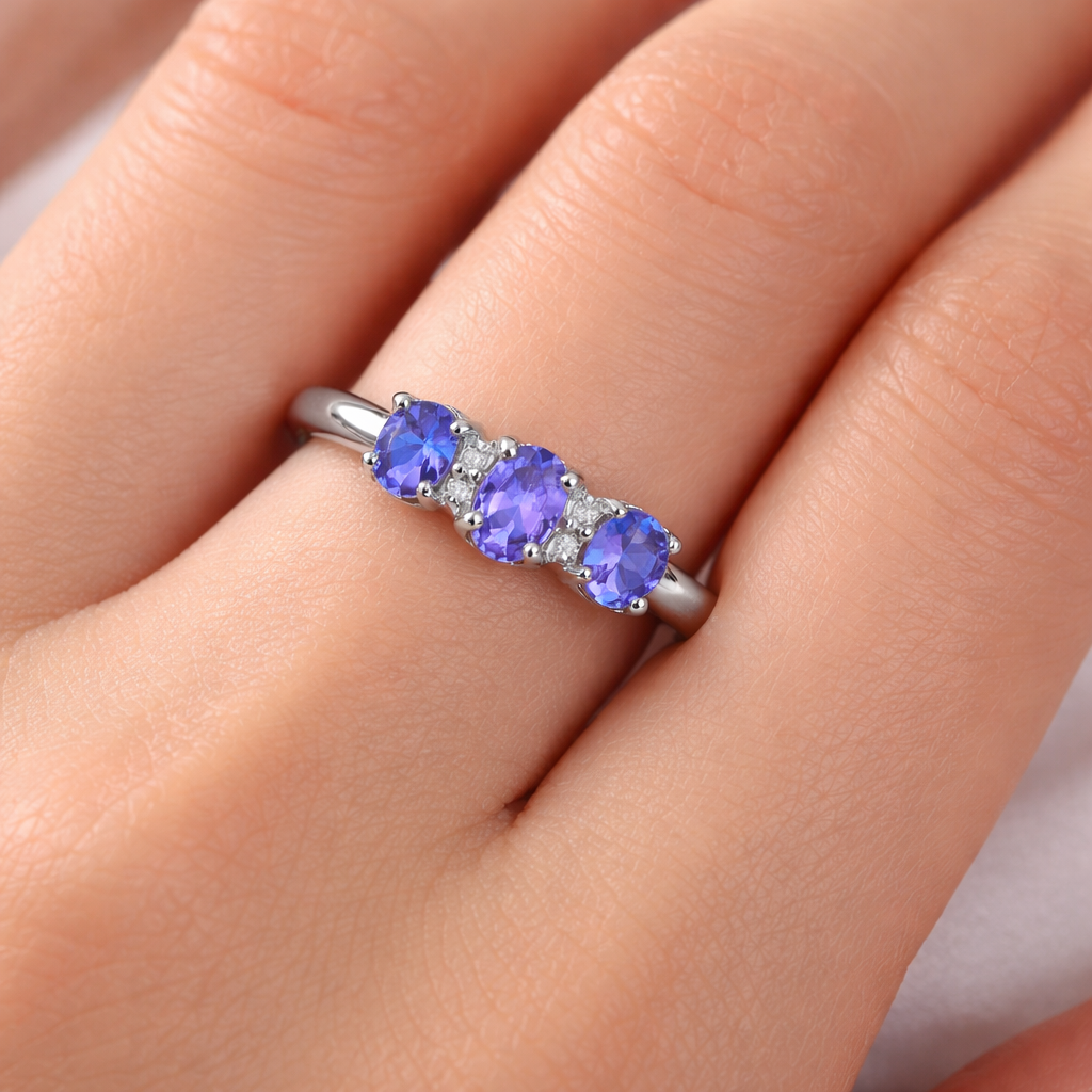 Real Tanzanite and Diamond Ring 9ct White Gold Trilogy Three Stone Size J - Q