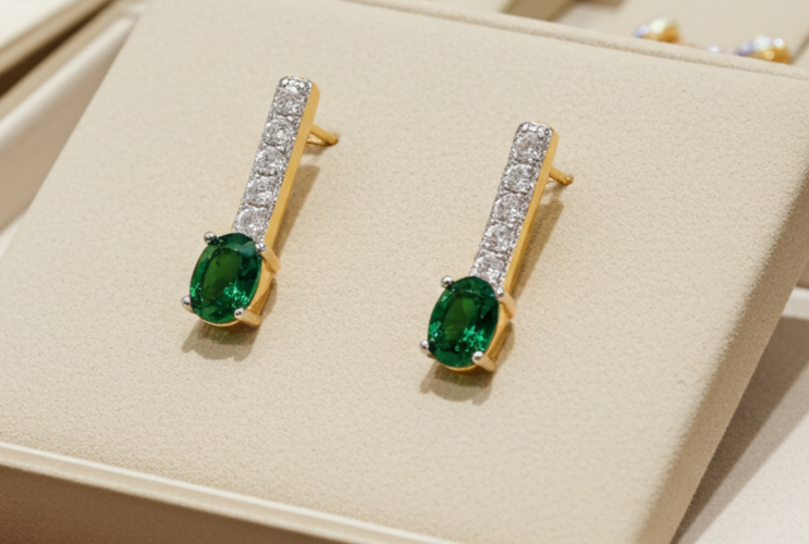 18ct Gold Emerald Drop Stud Earrings on Solid Sterling Silver 925 Hallmark
