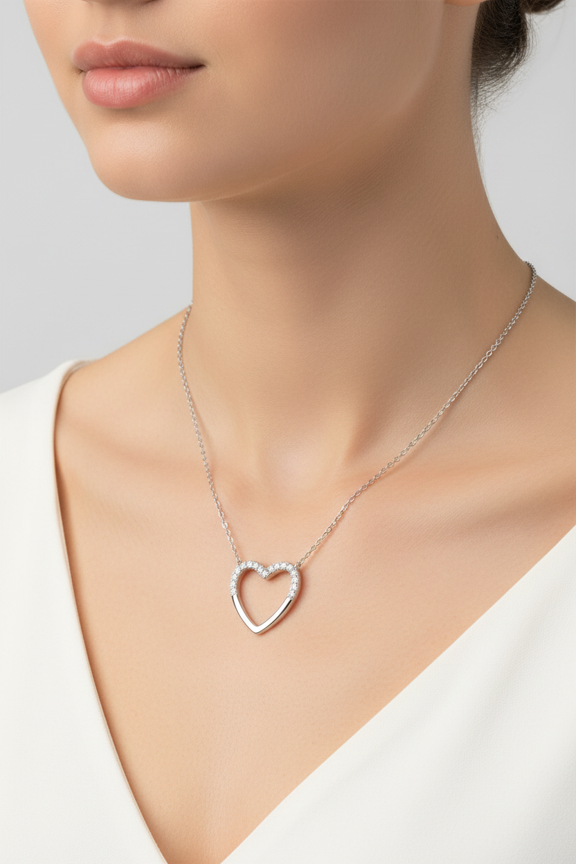 Open Heart Necklace Gem Set on 925 Sterling Silver 925 hallmark