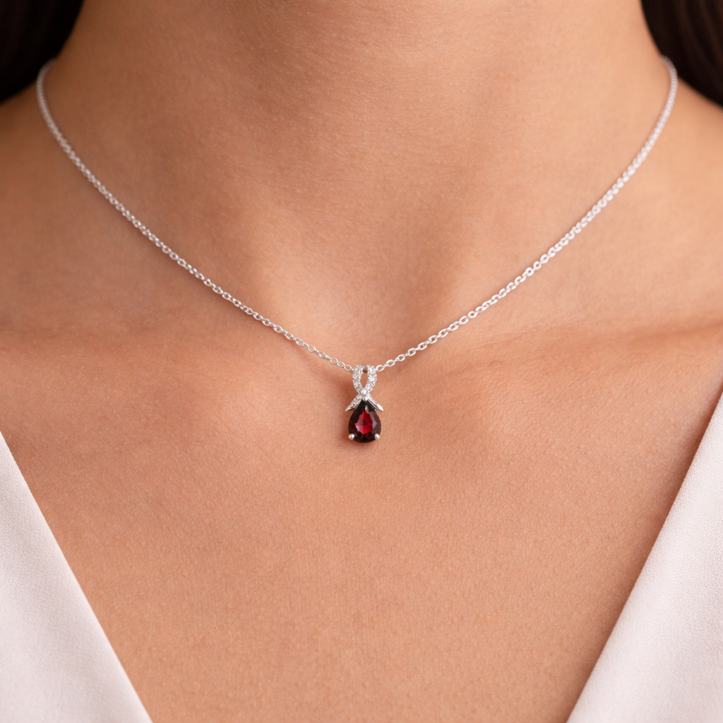 9ct White Gold Garnet Pendant With Diamond Kiss 18" 46cm Length Chain
