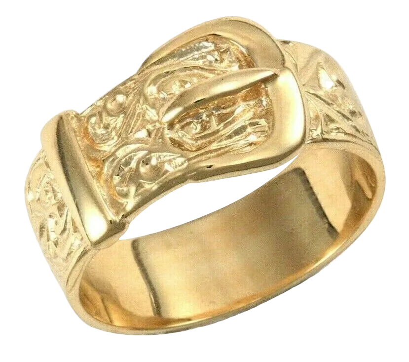 9ct Yellow Gold Gents Buckle Ring Hand Carved 10mm Band Fully Hallmarked