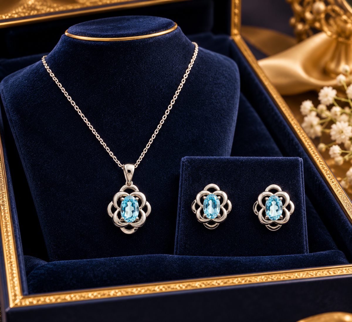 Real Blue Topaz Matching Set Celtic Design Sterling Silver Pendant and Earrings