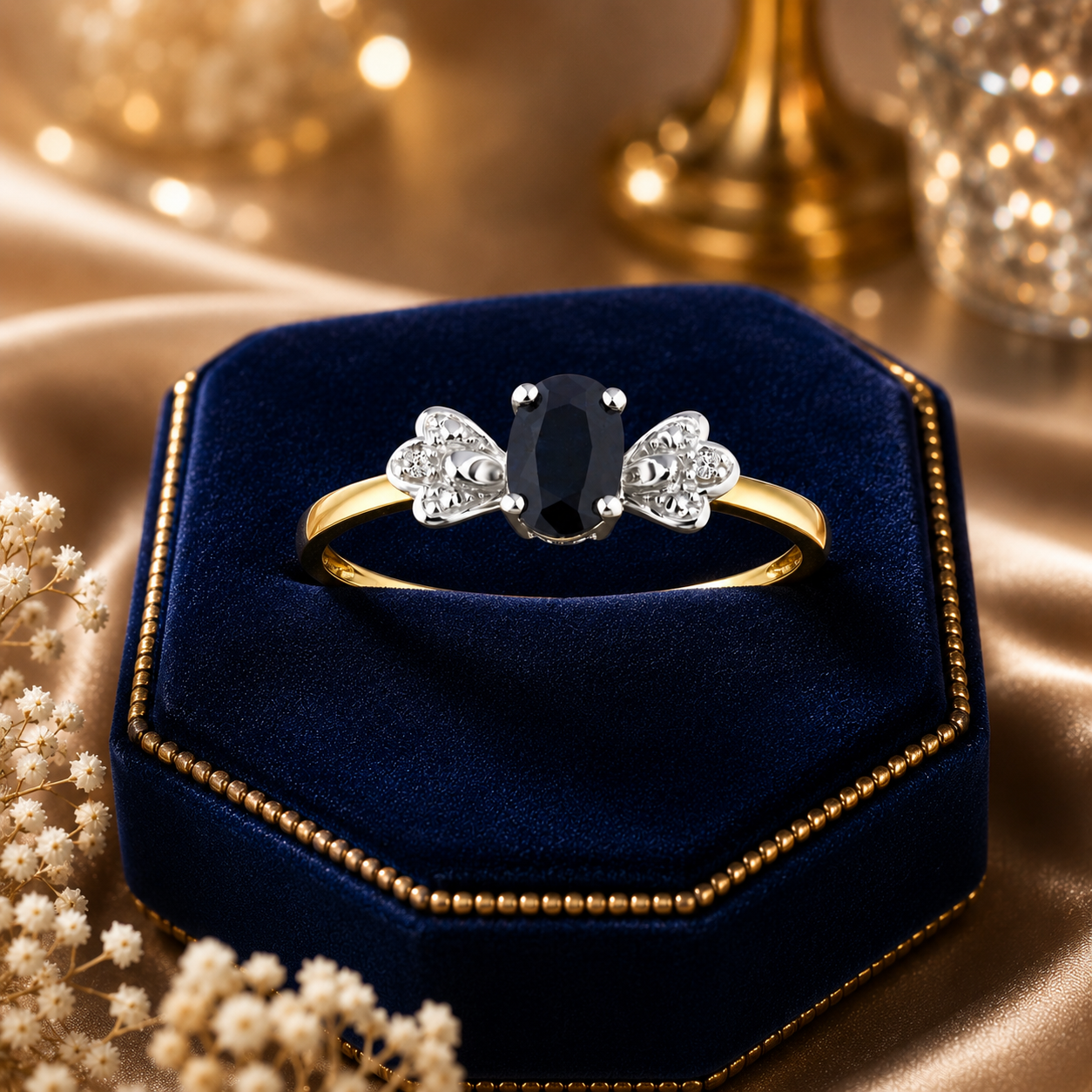 9ct Yellow Gold Sapphire & Diamond Three-Stone Ring – Oval Cut, Vintage Style
