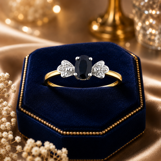 9ct Yellow Gold Sapphire & Diamond Three-Stone Ring – Oval Cut, Vintage Style