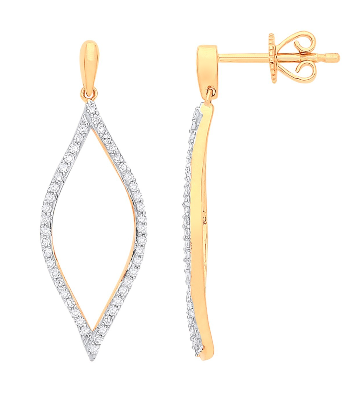 9ct Yellow Gold Diamond Drop Earrings 30mm Teardrop Open Marquise Ladies Gift