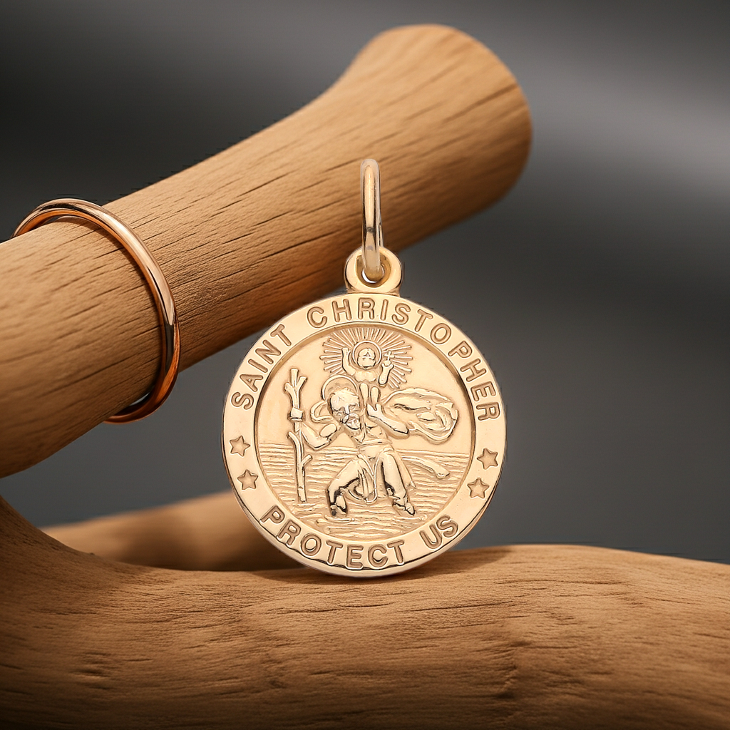 18ct Gold St Christopher Protect Us Pendant on Sterling Silver 925 Hallmark 16mm