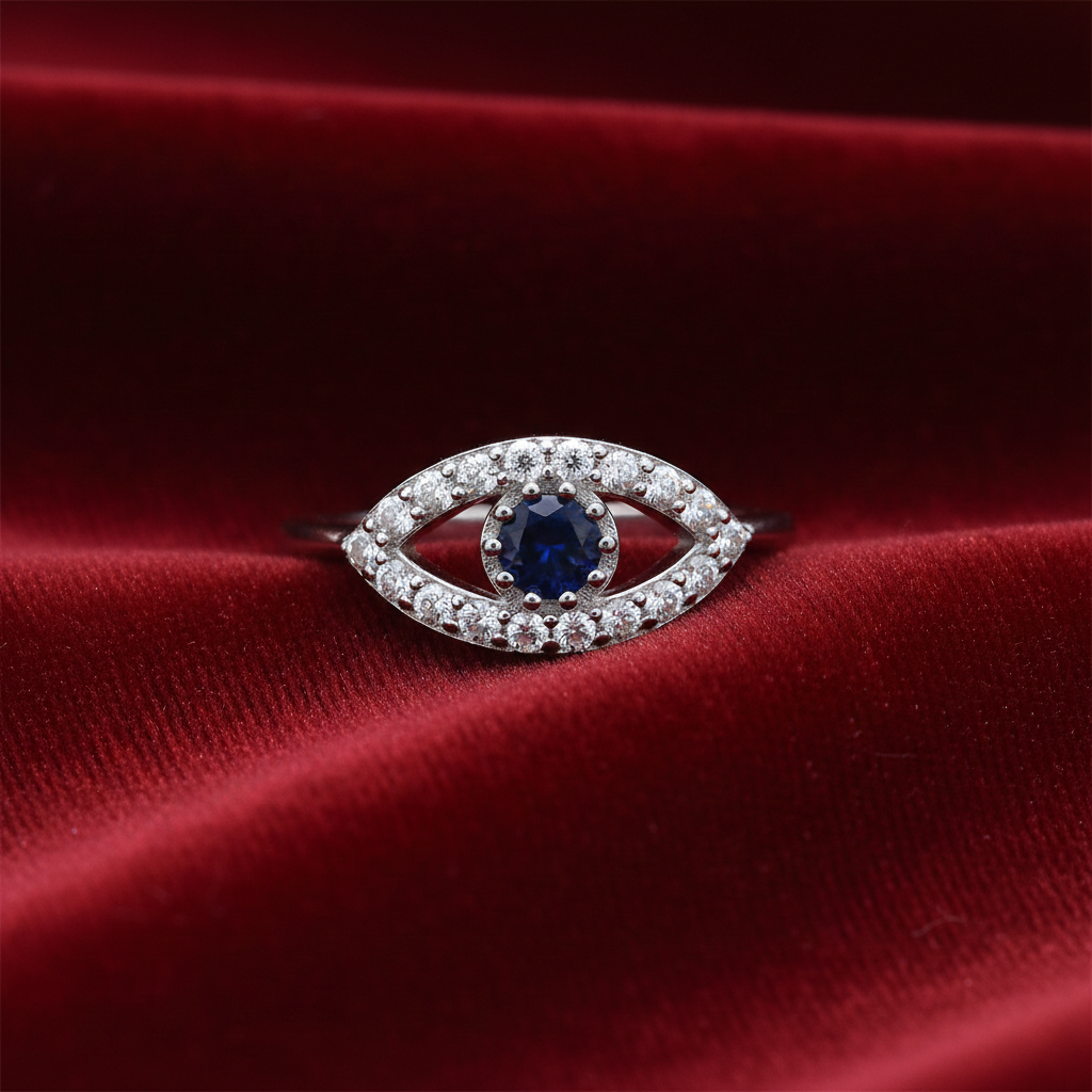 Sapphire Evil Eye Ring Solid Sterling Silver 925 Hallmark Size K - S