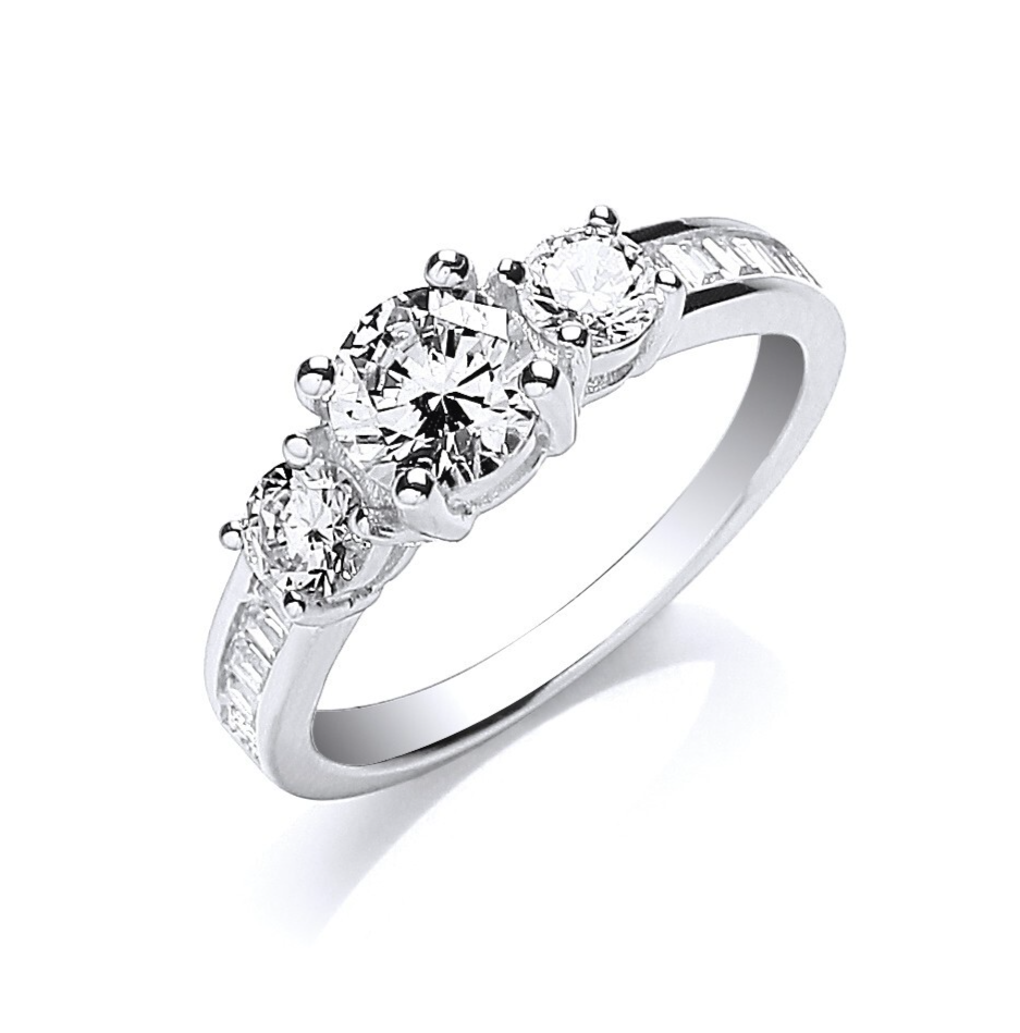 Sterling Silver Trilogy Ring Round Brilliant Cut with Baguettes on Shoulders