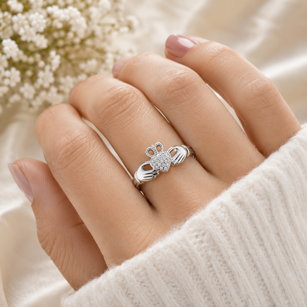 Elegant Claddagh Heart Ring with Pavé Gemstones in Solid Sterling Silver