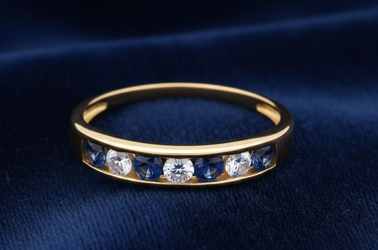 18ct Gold Sapphire Eternity Ring Channel Set on Solid Silver 925 Size K-S