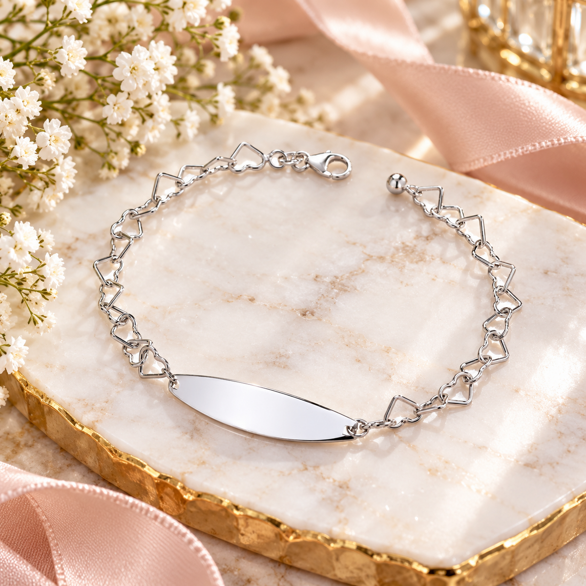 Sterling Silver Heart Link ID Bracelet Adjustable Lobster Clasp 925 Hallmark