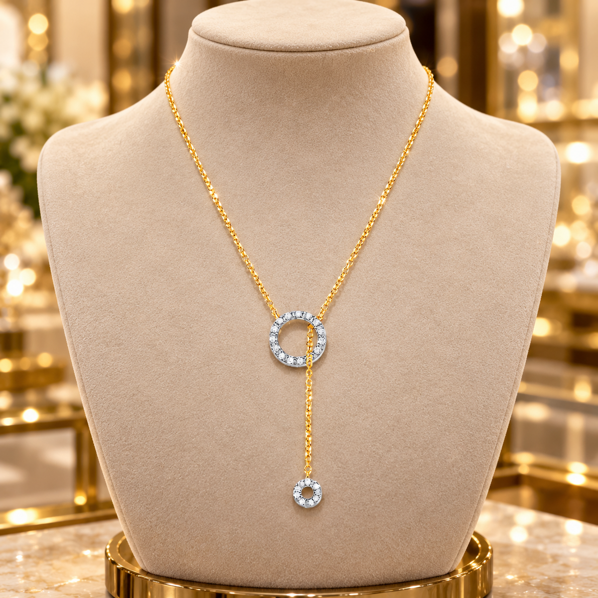 Real Diamond Lariat Necklace Tassel Through Circle of Life 9ct Yellow Gold  18"