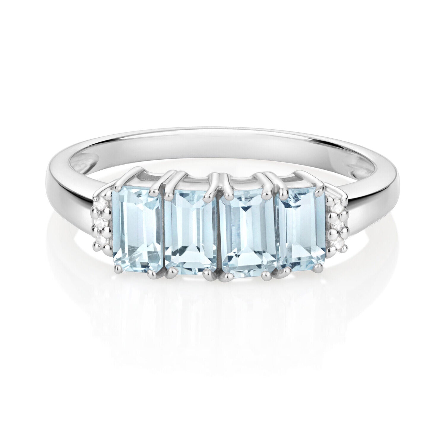 Real Aquamarine and Diamond Ring Solid White Gold Emerald Cut 4 Stone Size J-Q