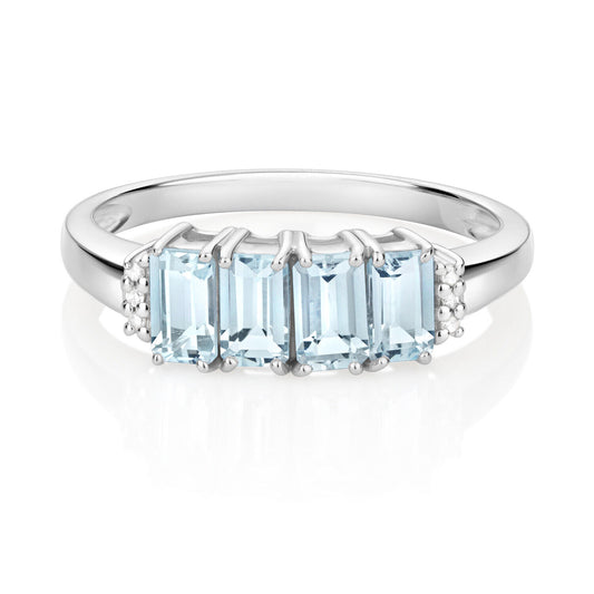 Real Aquamarine and Diamond Ring Solid White Gold Emerald Cut 4 Stone Size J-Q