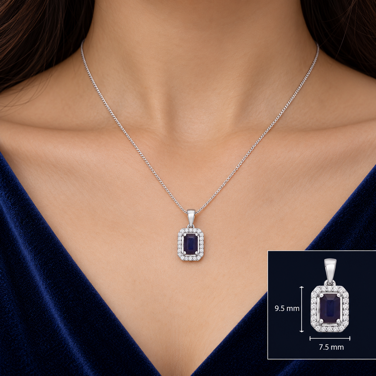 Sapphire and Diamond Pendant Rectangular Halo 18ct White Gold 18" Chain Hallmark