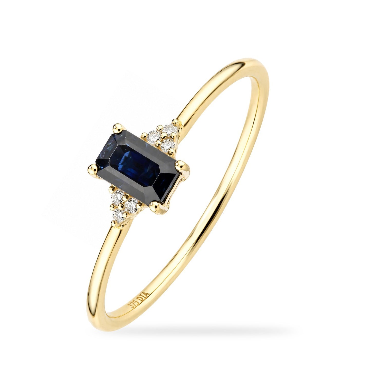 Sapphire Emerald Cut Solitaire Ring Real Diamond Accents 9ct Yellow Gold
