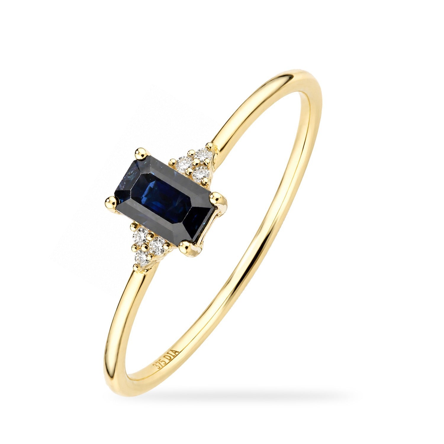 Sapphire Emerald Cut Solitaire Ring Real Diamond Accents 9ct Yellow Gold