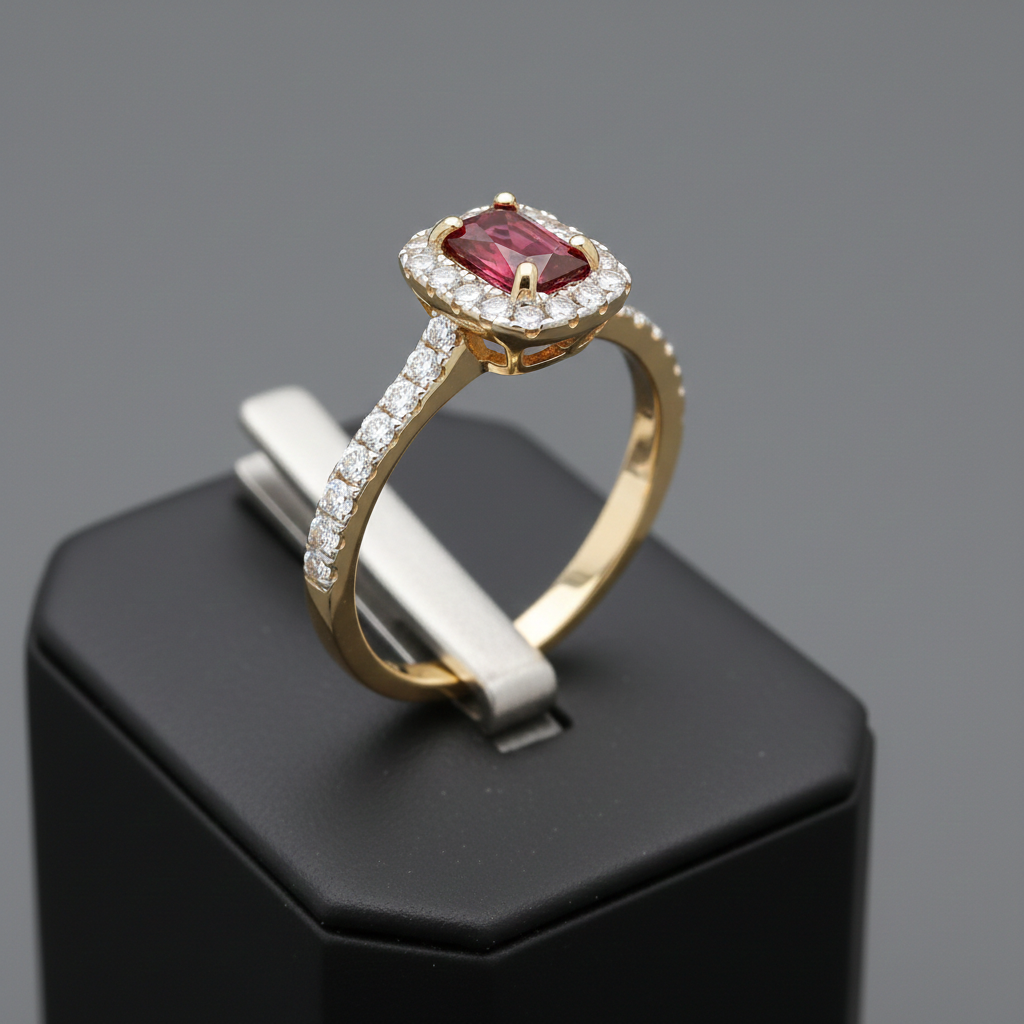 18ct Gold Ruby Ring Rectangle Halo on Sterling Silver 925 Hallmark Size K-S