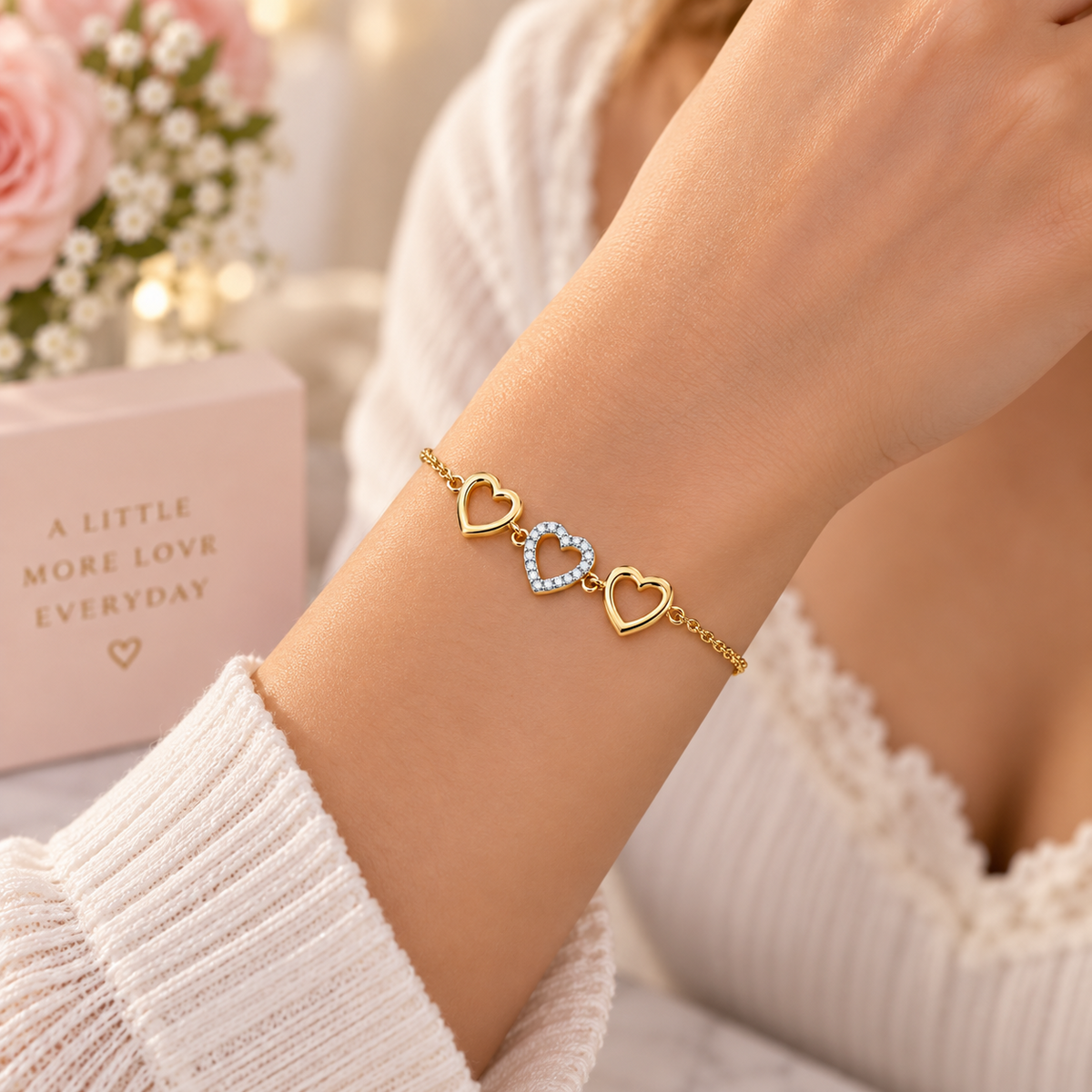 18ct Gold Triple Heart Charm Bracelet Adjustable on Solid Sterling Silver 925