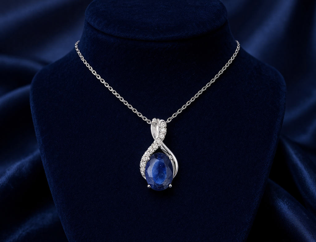 Sapphire Infinity Pendant With Diamonds 9ct White Gold 18" 46cm Length Chain