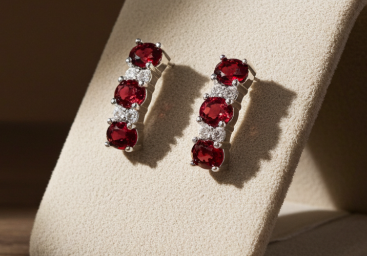Ruby Drop Stud Earrings Solid Sterling Silver 925 Hallmark