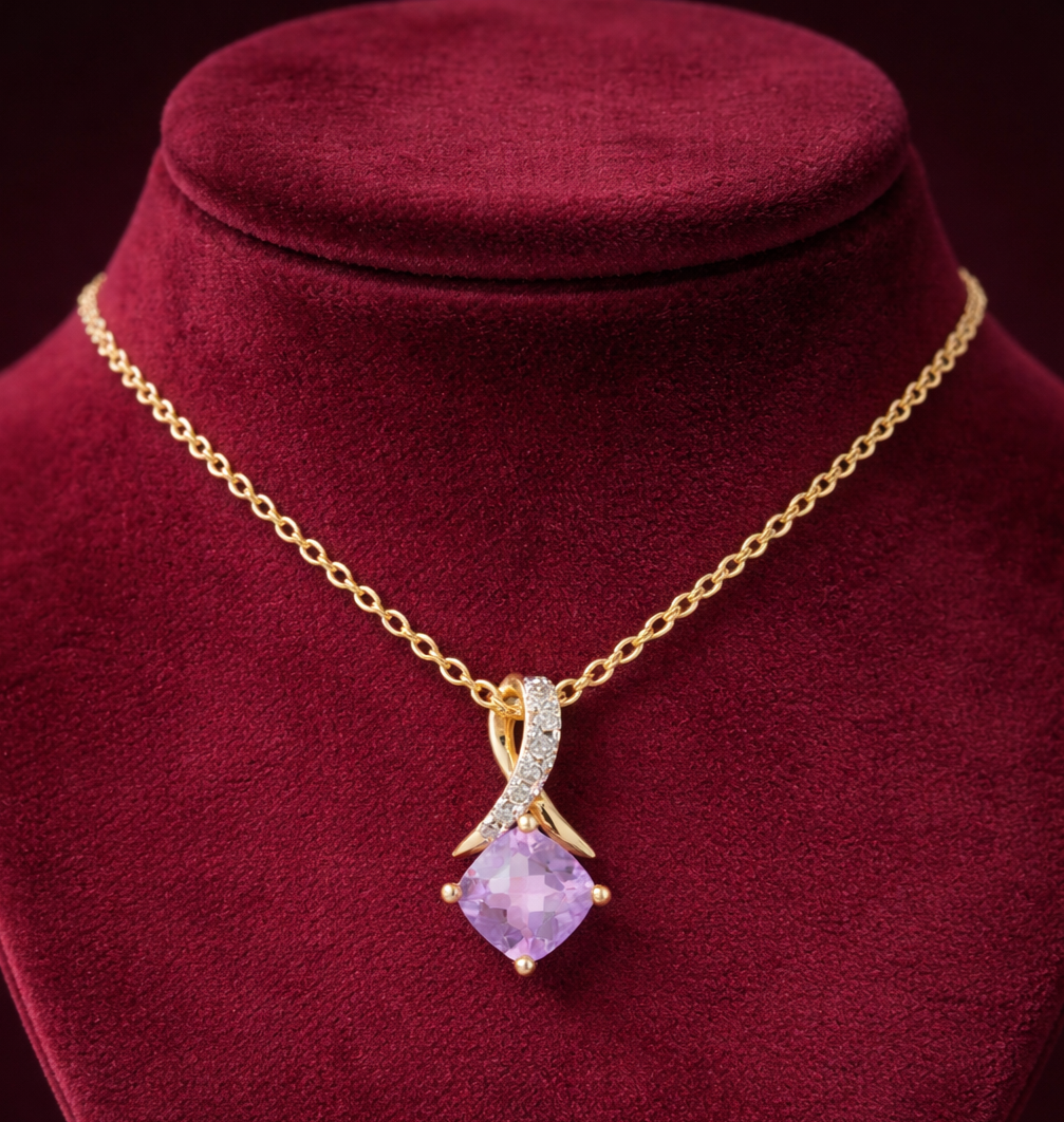 Amethyst Cushion Pendant Diamond Kiss Solid Yellow Gold 18" 46cm Length Chain