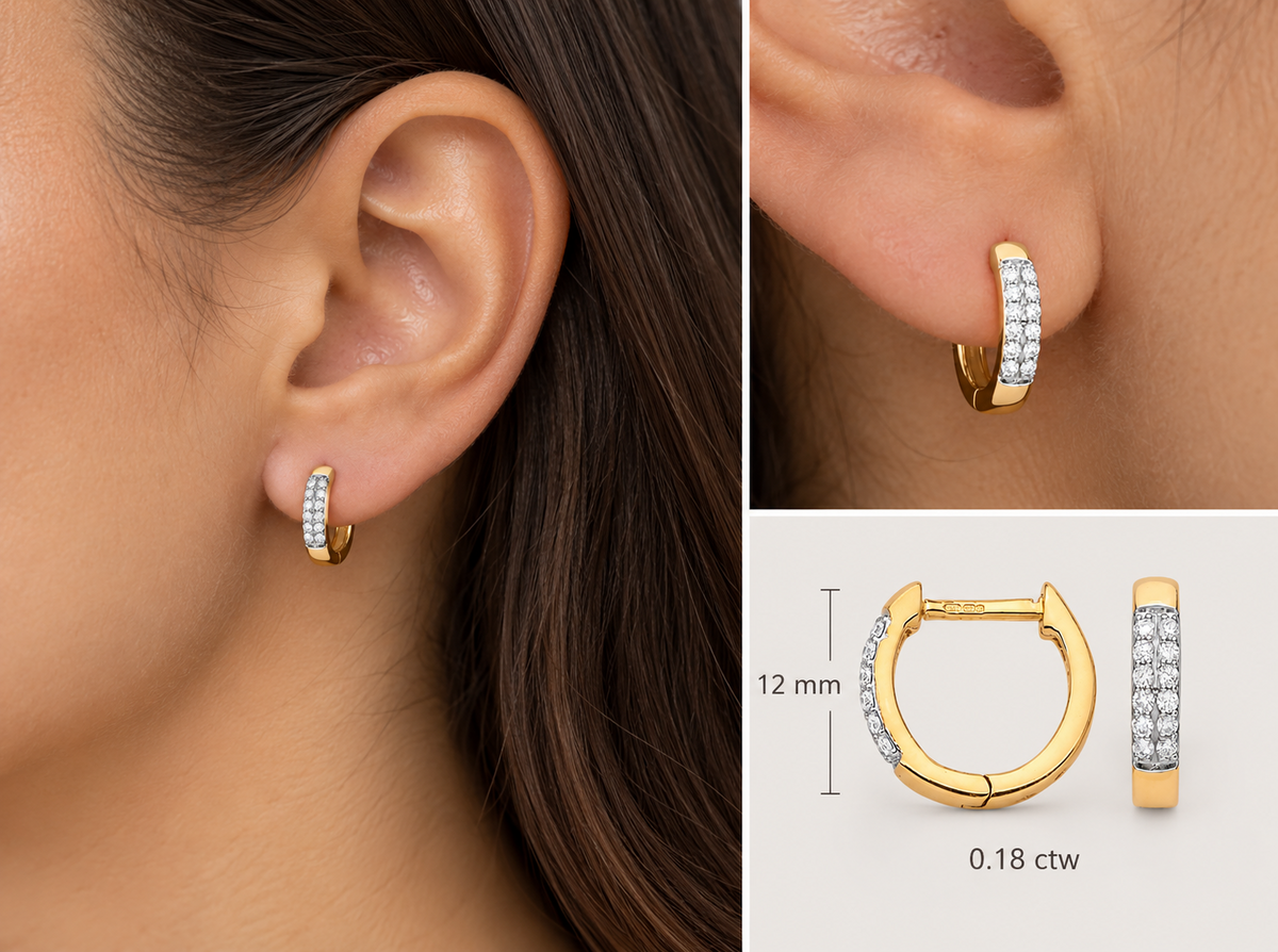 Real Diamond Huggie Hoop Earrings 9ct Yellow Gold 12mm 0.18ctw Mined Diamonds