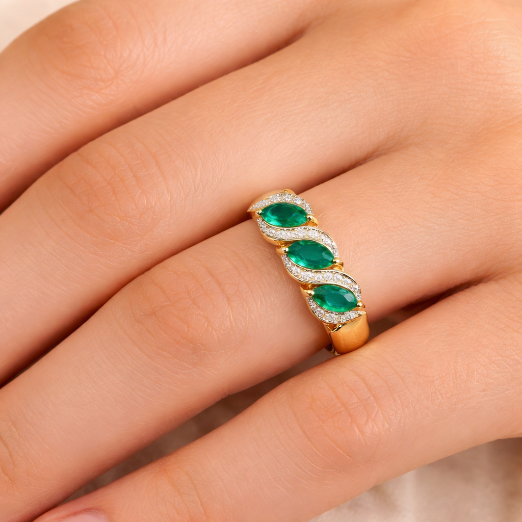 Emerald and Diamond Ring 9ct Yellow Gold Hallmarked Three Stone Marquise Trilogy