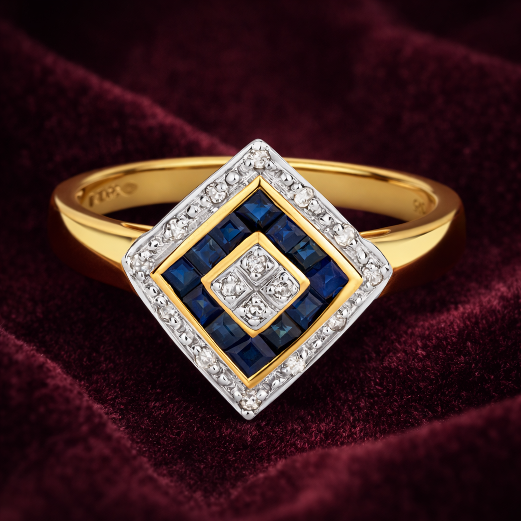 Sapphire and Diamond Ring Solid Yellow Gold Square Cluster Size JKLMNOPQ