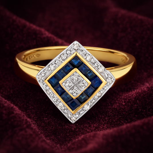 Sapphire and Diamond Ring Solid Yellow Gold Square Cluster Size JKLMNOPQ