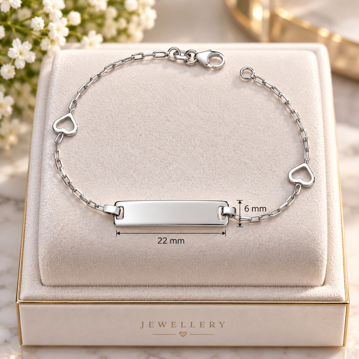 Sterling Silver Heart Charm Identity Bar Chain Bracelet Lobster Clasp