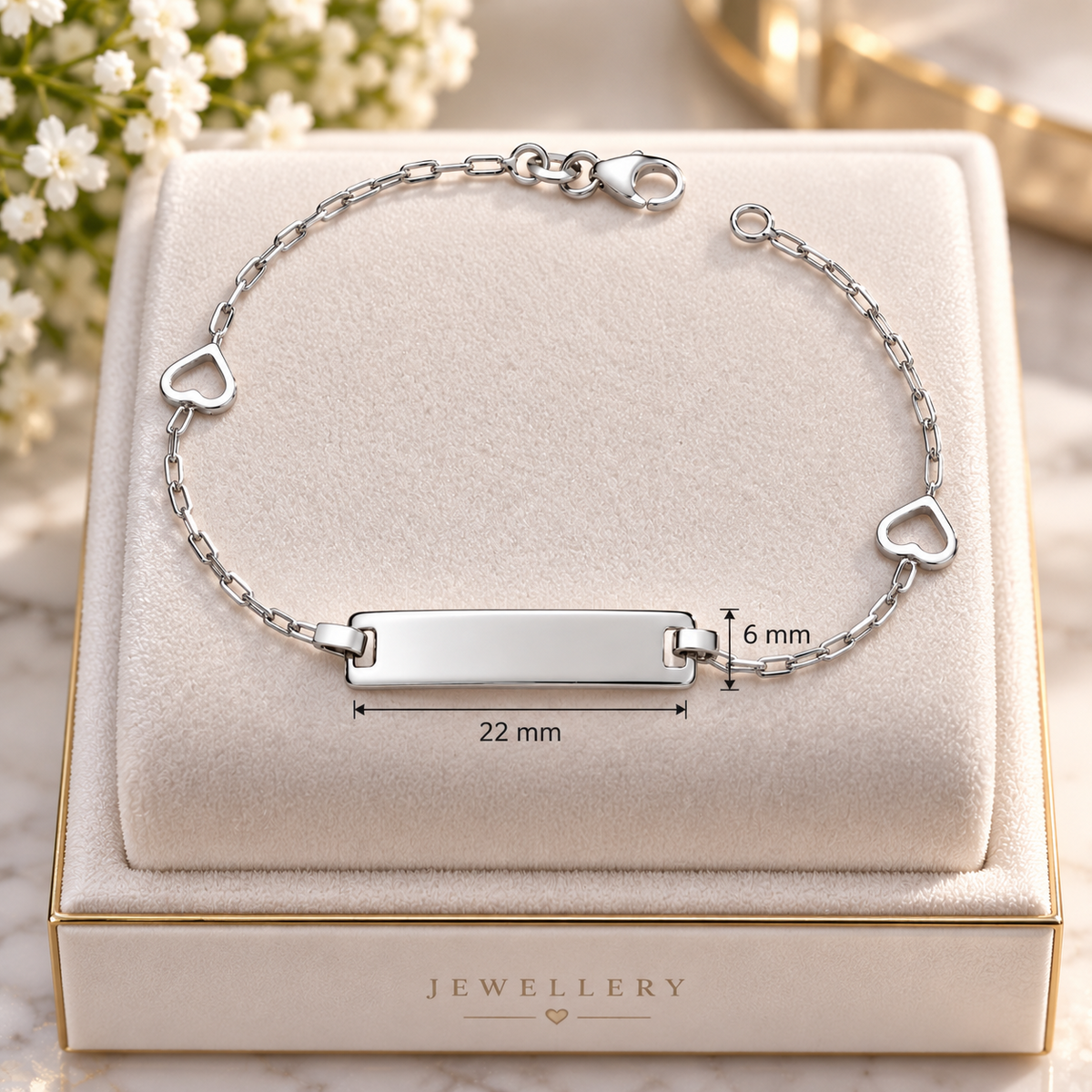Sterling Silver Heart Charm Identity Bar Chain Bracelet Lobster Clasp