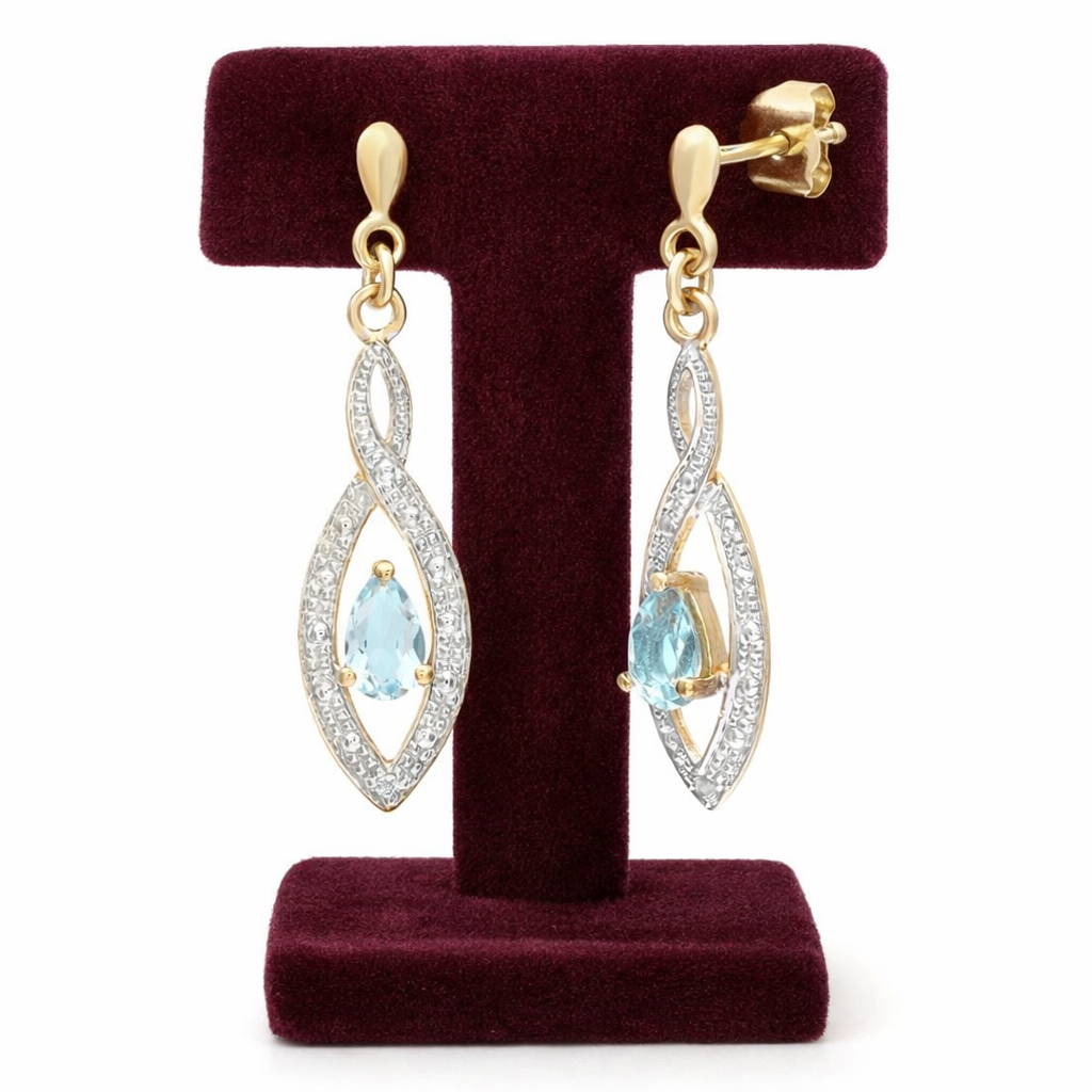 Natural Blue Topaz and Diamond Earrings Solid 9ct Yellow Gold Drops Hallmarked