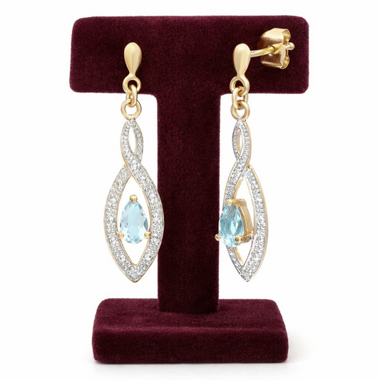 Natural Blue Topaz and Diamond Earrings Solid 9ct Yellow Gold Drops Hallmarked