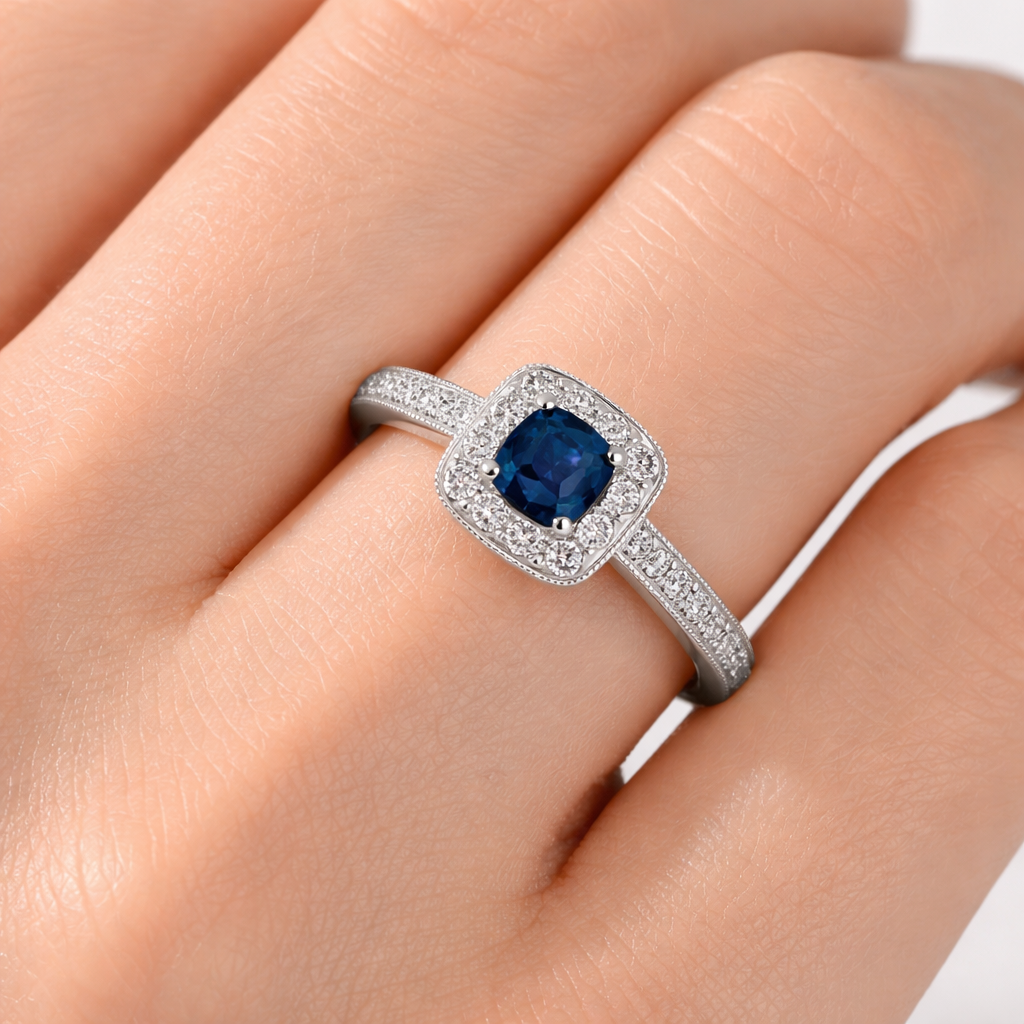 Sapphire and Diamond Ring 9ct White Gold Cushion Square Cluster Size J-Q