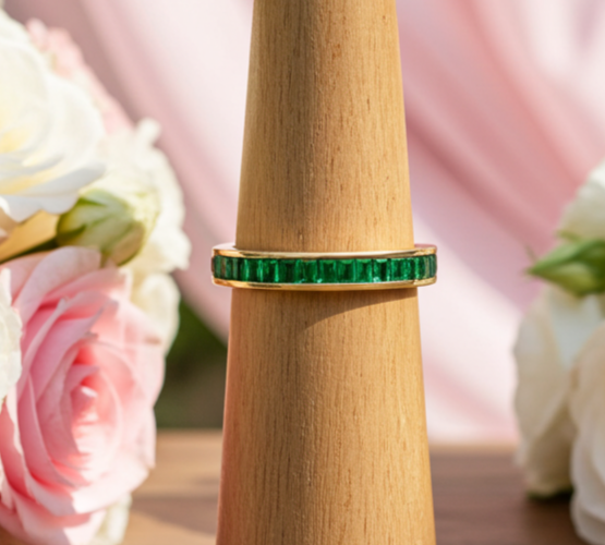 18ct Gold Emerald Baguette Eternity Ring on Solid Sterling Silver 925 Hallmarked