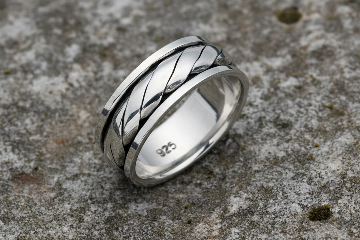 Men's Sterling Silver Rotating Spinner Worry Ring 7mm Wide 925 Hallmark